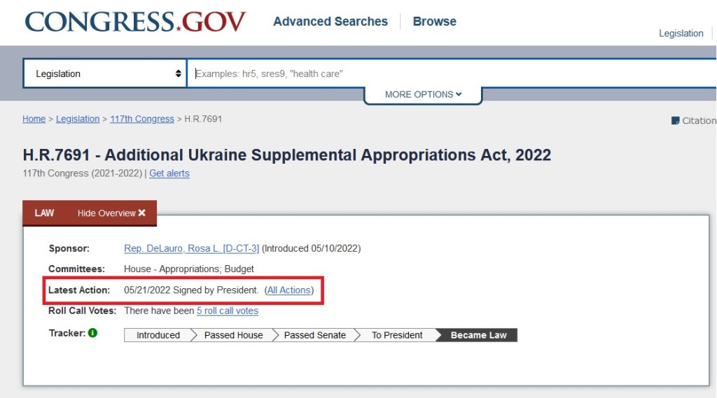 Additional Ukraine Supplemental Appropriations Act, 2022 – Passed & signed on&nbsp;05-21-2022